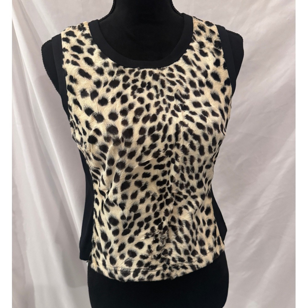 Karen Kane Lifestyle Petites Leopard Print Faux Fur Front Tank Top Black Small